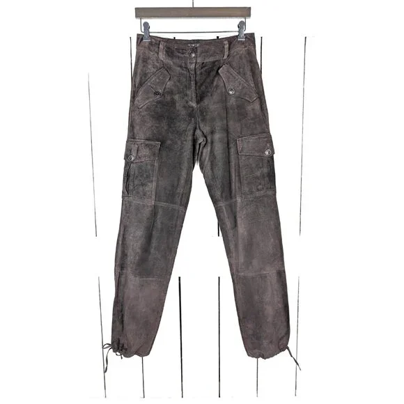 Vintage brown suede leather drawstring ankle cargo style pants